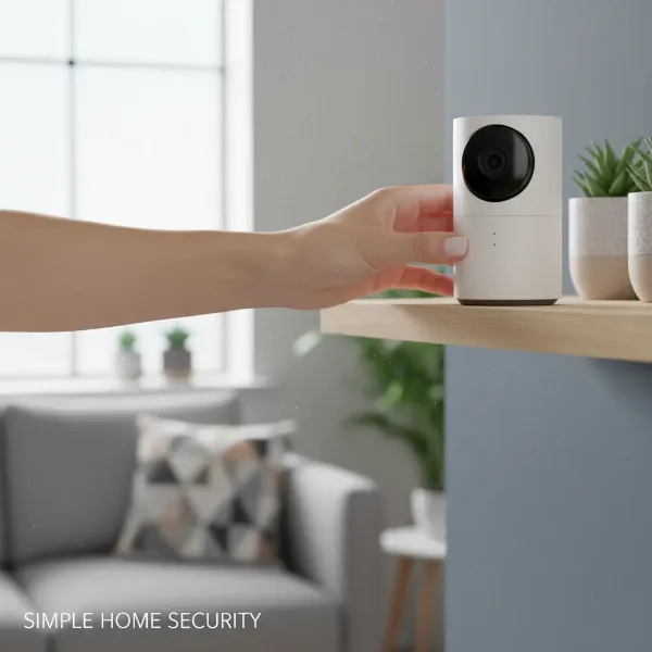 A user setting up a sleek, modern indoor security camera in their living room, indicating ease of installation. 