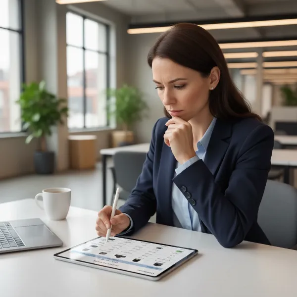 A business owner carefully reviewing specifications for indoor security cameras on a tablet, considering budget and workplace needs. Realistic, professional setting.
