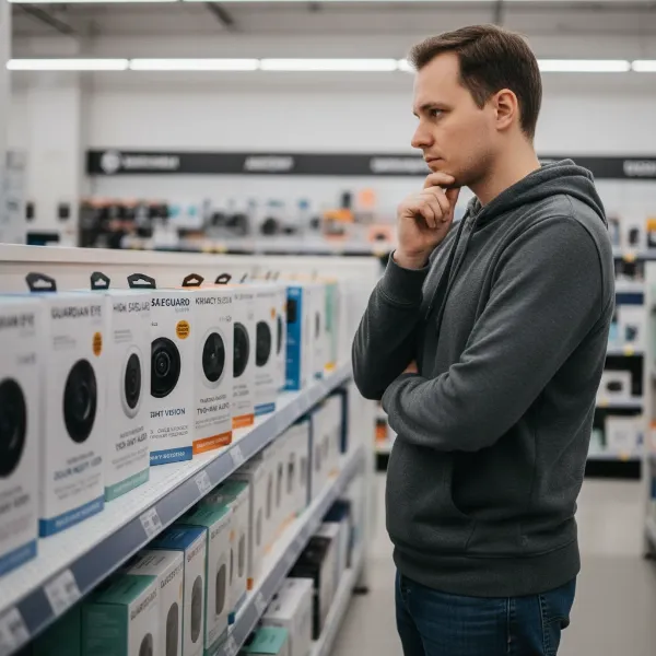 A person examining various indoor security camera boxes, emphasizing the decision-making process for buying, with features and price tags visible.