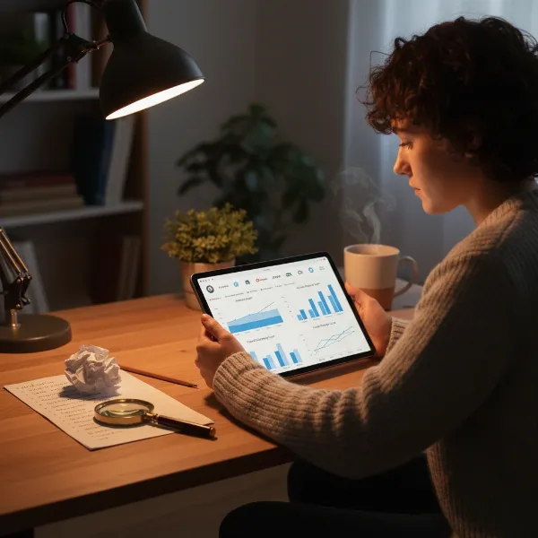 A person comparing different indoor security camera options on a tablet, with a checklist and magnifying glass to symbolize the buying process.