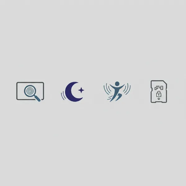 Icons representing key indoor security camera features like high resolution, night vision, motion detection, and local storage, for protecting valuables.