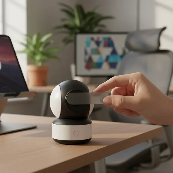 A person activating a privacy shutter on an indoor security camera in a home office setting.