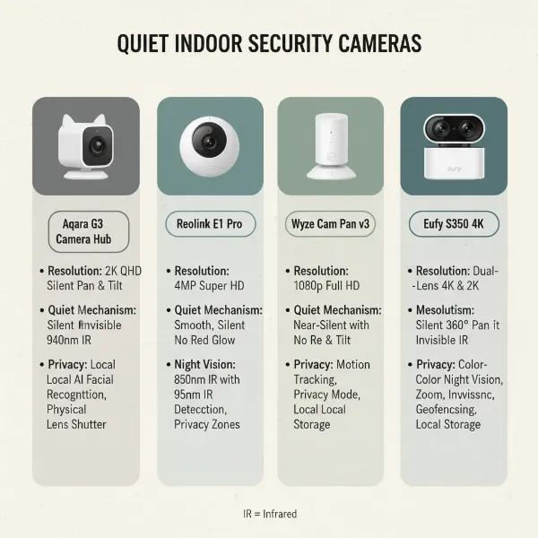 A detailed infographic comparing top indoor security cameras for quiet monitoring, highlighting features and benefits.