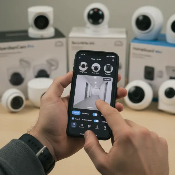A person's hands holding a smartphone displaying an indoor security camera app, with blurred camera options in the background.