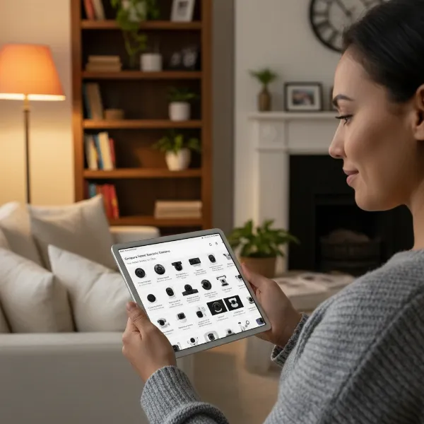 A person reviewing security camera options on a tablet, considering features and needs for protecting home gear.