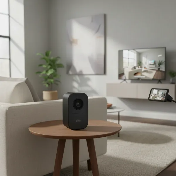 A sleek, compact Blink Mini 2K+ indoor security camera discreetly placed on a small side table next to a minimalist couch in a contemporary apartment living room. The camera is subtle, blending with modern decor, and captures a wide view of the living space with soft, ambient lighting. A smart display, like an Echo Show, is visible in the background, showing the live feed from the camera.