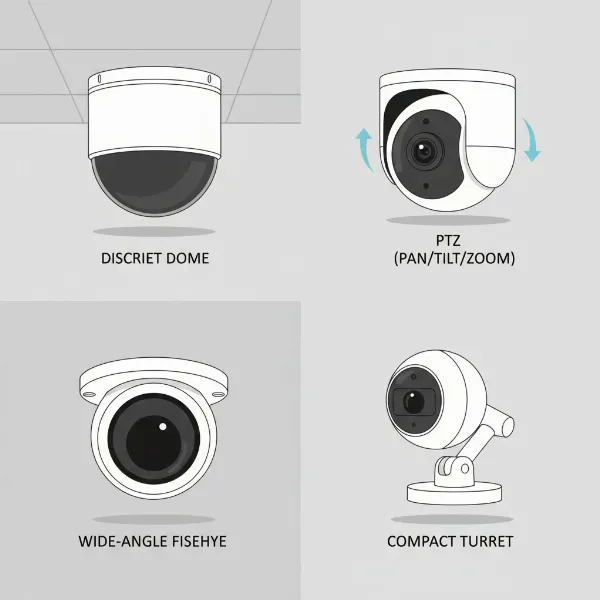 Various types of indoor security cameras including dome, PTZ, fisheye, and turret models, arranged to show their distinct forms. Illustrative, infographic style.