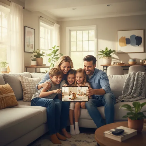 Family checking home security camera feed on phone for children and pets