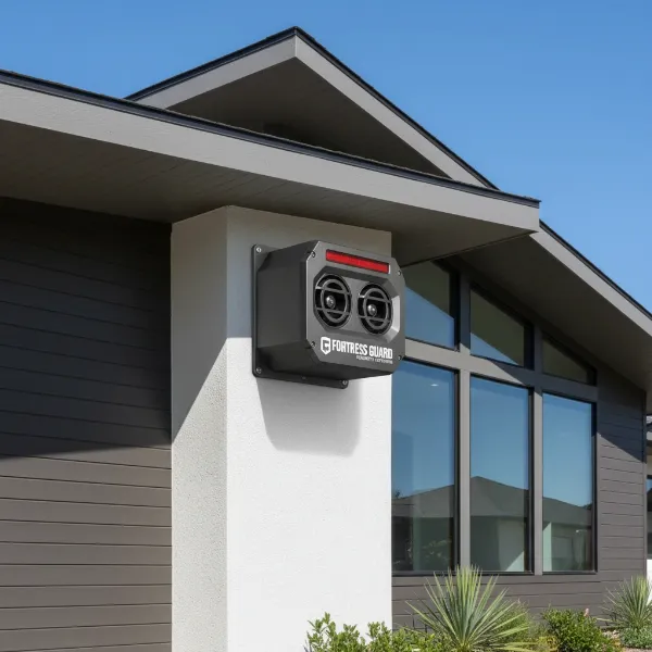 Outdoor home alarm siren mounted on a house as a visual and audible deterrent
