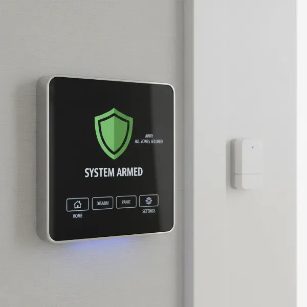 Close-up of a home alarm system control panel and a door sensor for security