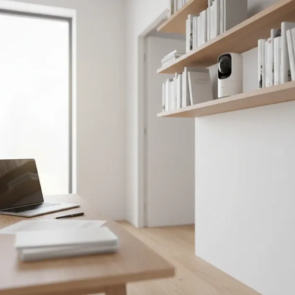 Indoor security camera discreetly set up in a modern home office with a laptop and documents on the desk.