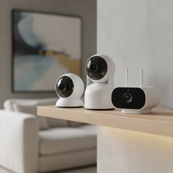 Various types of indoor security cameras, including a dome camera, a pan-tilt camera, and a compact bullet camera, arranged on a modern shelf in a home setting. Warm lighting, realistic style.