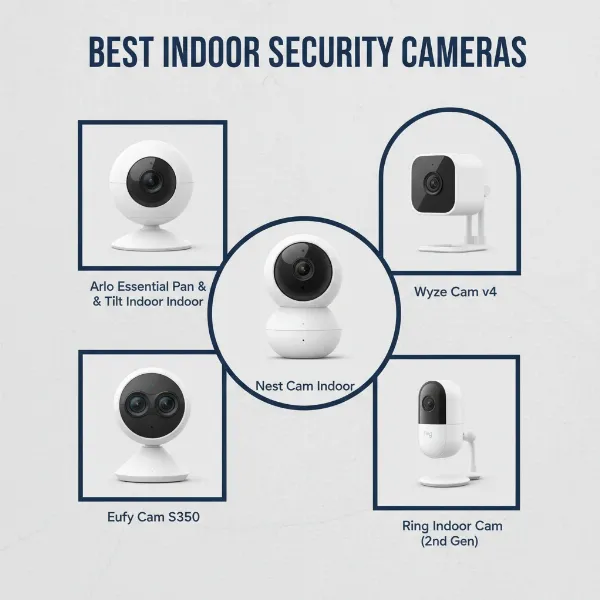 A visual collage representing the top indoor security camera picks for busy households.