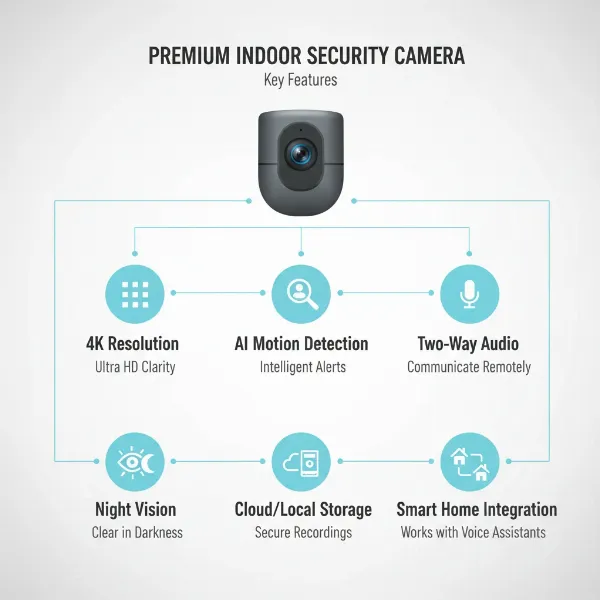 Infographic highlighting key features of a premium indoor security camera: 4K resolution, AI motion detection, two-way audio, and cloud storage options.