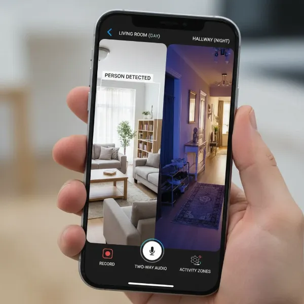 A side-by-side conceptual comparison of two indoor security camera interfaces on a smartphone screen, one showing crisp 2K daytime video with a clear person detection alert, and the other displaying vibrant color night vision. The focus is on clarity and the user interface for features like two-way audio and activity zones.