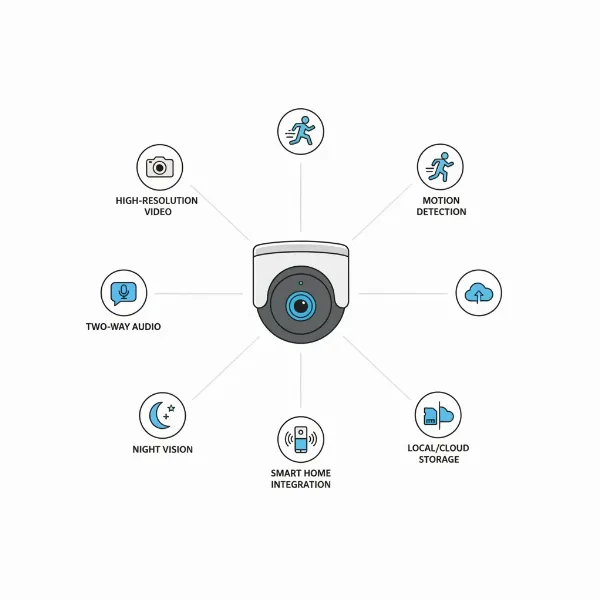 Illustrative diagram of indoor security camera key features for home surveillance
