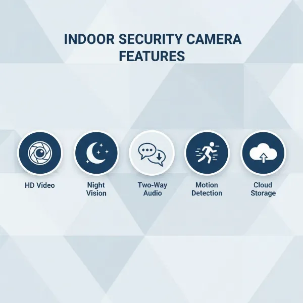 Key features of an indoor security camera, including night vision, two-way audio, and motion detection shown with illustrative icons.