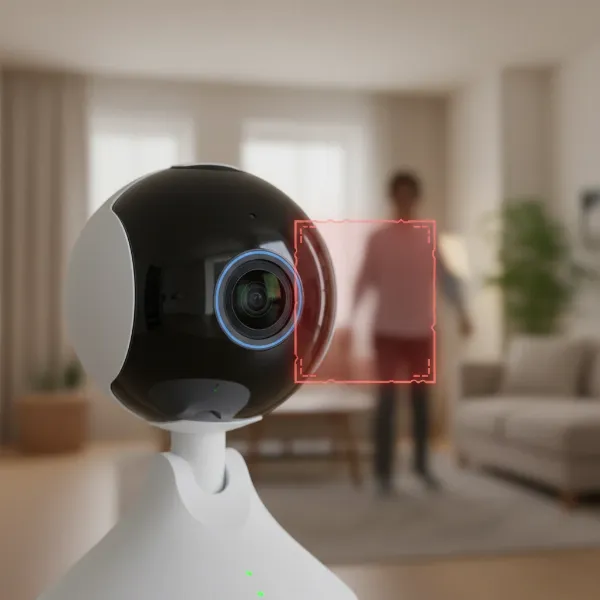 An indoor security camera highlighting its motion detection capability with an overlay showing detected movement.