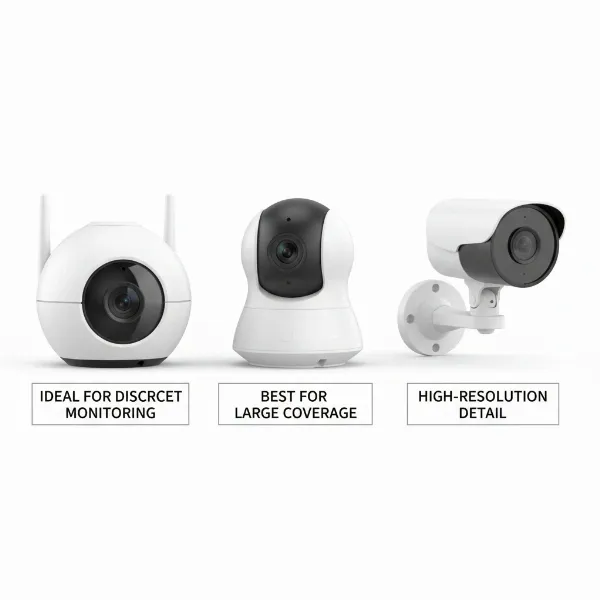 Three distinct indoor security camera models showcased side-by-side, each with a brief textual highlight of its best feature for business use. Product photography style.