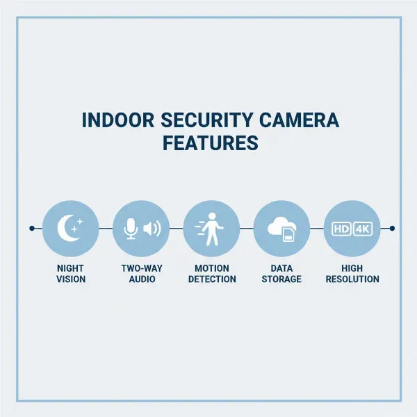 An infographic illustrating key features of indoor security cameras such as night vision, two-way audio, and motion detection, with icons and simple explanations.