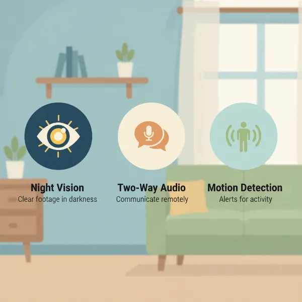 Infographic showcasing essential indoor security camera features like night vision and two-way audio.