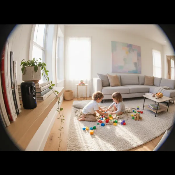 An illustrative image of an indoor security camera discreetly placed in a modern living room, monitoring children playing. Soft, natural light from a window illuminates the scene, with a slight blur to the background for depth. The camera is sleek and blends with the decor.