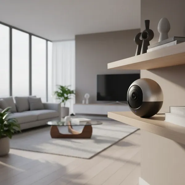 An indoor security camera discreetly positioned in a modern living room, capturing a wide view of the space to illustrate home monitoring and peace of mind.