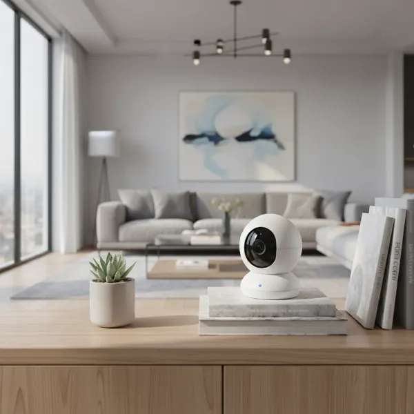 Indoor security camera discreetly positioned in a modern living room for home monitoring.