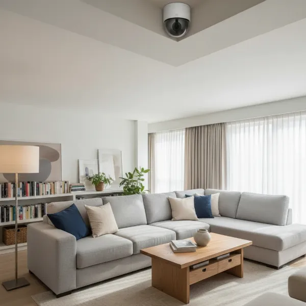 Modern indoor security camera actively monitoring a living room scene with natural light