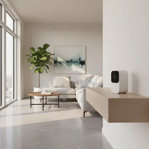 An indoor security camera discreetly positioned in a modern living room, capturing a wide view for home monitoring.