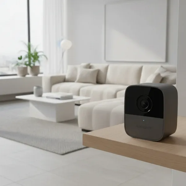 An indoor security camera subtly placed in a modern living room, monitoring a general area.