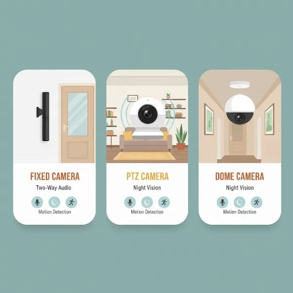 An illustrative infographic displaying various types of indoor security cameras (fixed, PTZ, dome) in a domestic setting, highlighting their features and ideal placements. The style is clean, modern, and easy to understand, with clear labels for each camera type.