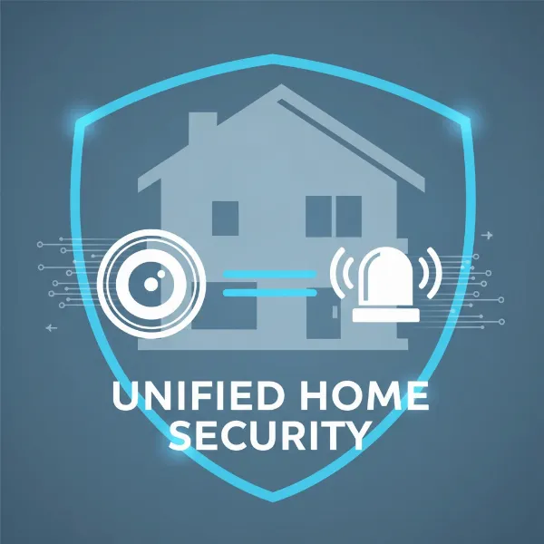 Visual representation of an integrated home security system with camera and alarm icons