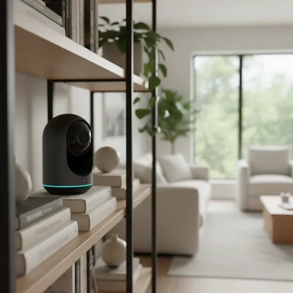 An indoor security camera discretely positioned in a modern living room, monitoring the area through its lens. 