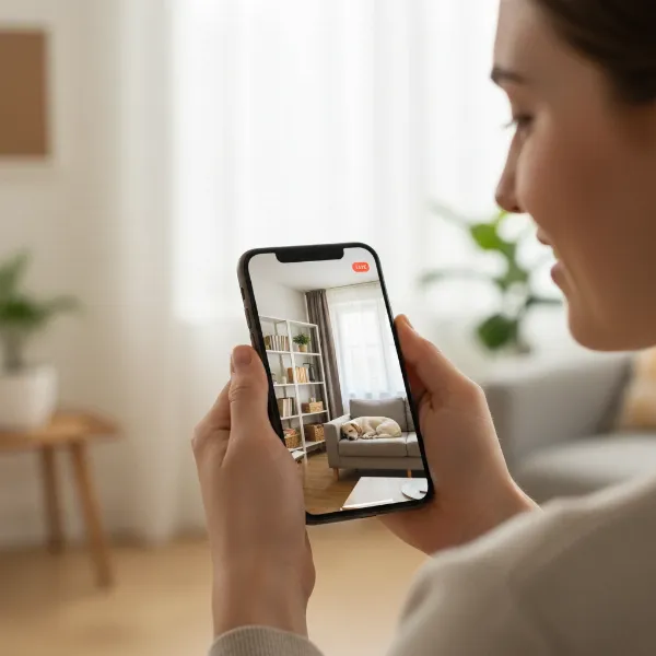 A person reviewing live indoor security camera footage on their smartphone with peace of mind.