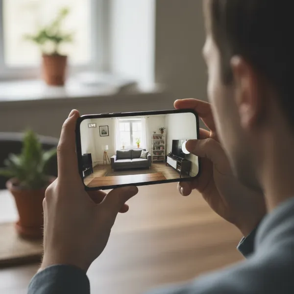 Person checking live feed from an indoor security camera on their smartphone app
