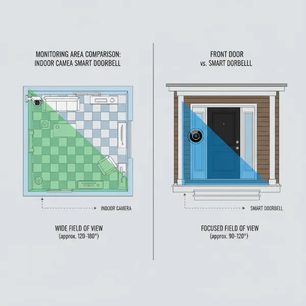 A diagram illustrating the different fields of view and typical placement for an indoor security camera (wide room coverage) and a smart doorbell (focused entryway coverage)