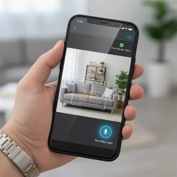 A smartphone displaying a security camera app interface, highlighting features like motion detection zones, two-way audio control, and live feed. Realistic, user interface style.