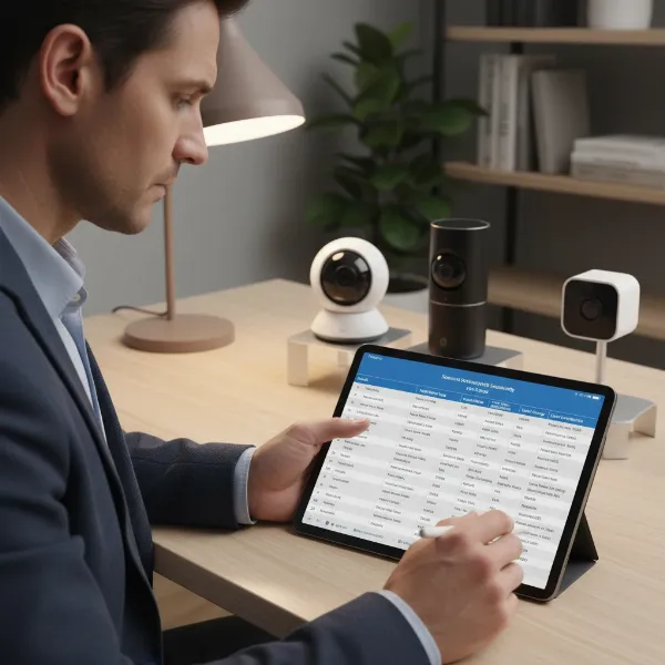 A person comparing specifications of various indoor security cameras on a tablet, focusing on quiet operation features.