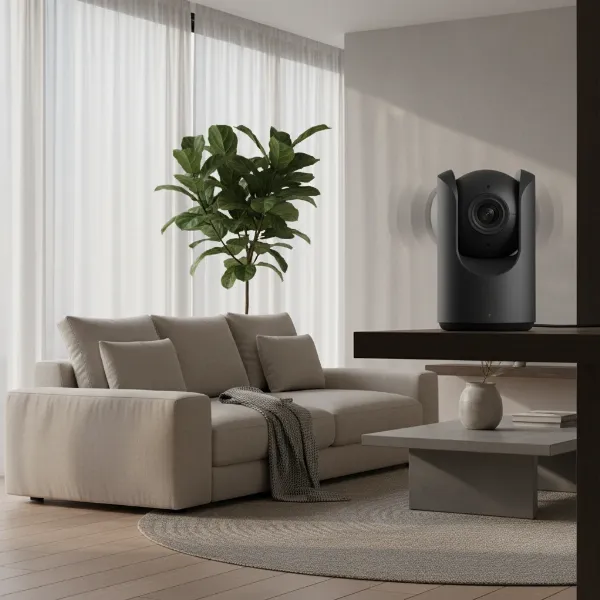 A discreet PTZ indoor security camera silently monitoring a modern living room with soft lighting