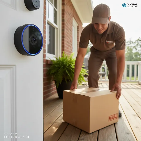 A smart doorbell capturing a package delivery by a person, with a clear view of the front porch