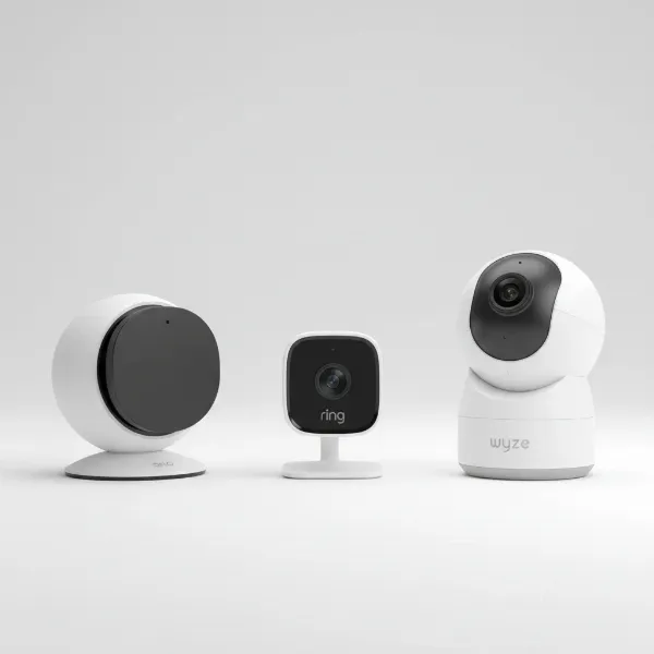 Three top indoor security cameras (Arlo, Ring, Wyze) shown side-by-side with illustrative features and distinct designs.