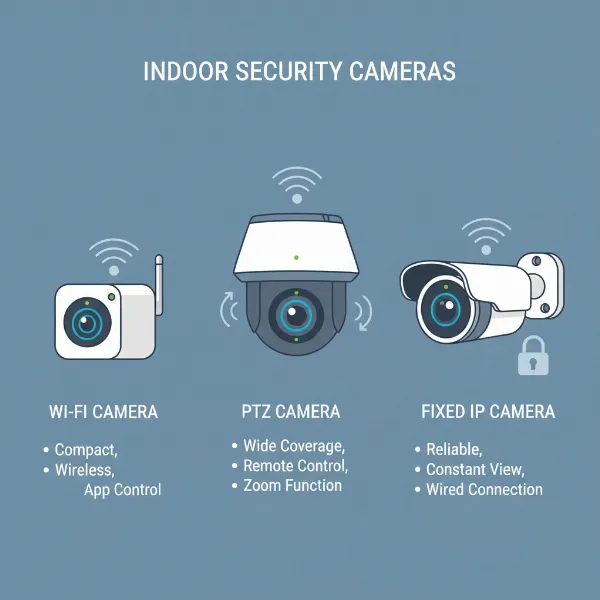 Various types of indoor security cameras, including IP, PTZ, and Wi-Fi models, illustrating different designs and functionalities.