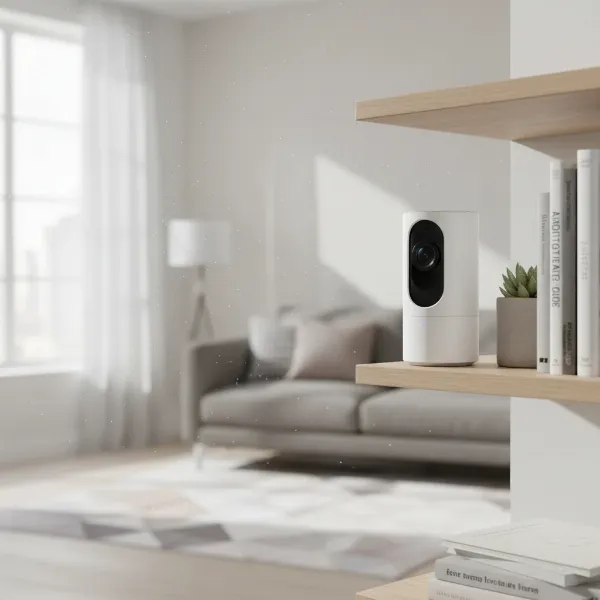 A modern, compact WiFi indoor security camera designed for apartment use, featuring a sleek white finish, placed discreetly on a bookshelf in a minimalist apartment living room. Soft, natural light from a window illuminates the scene, highlighting the camera's small size and seamless integration into the home decor. Angled for wide coverage with a clean, functional aesthetic.